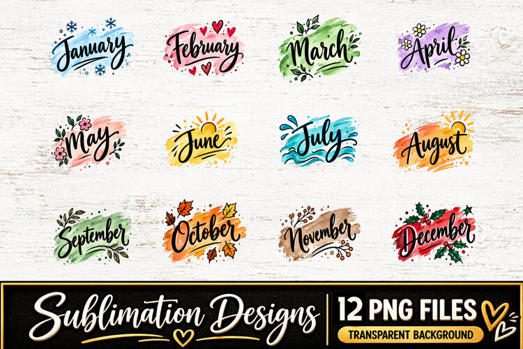 Watercolor Monthly Clipart Sublimation PNG example image 1