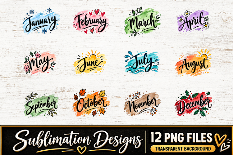 Watercolor Monthly Clipart Sublimation PNG