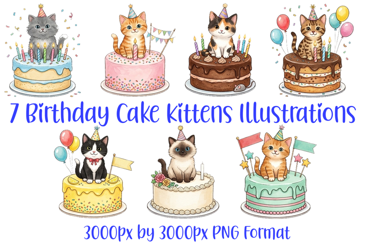 7 Birthday Cake Kitten Cat Illustrations Cute Clipart PNG