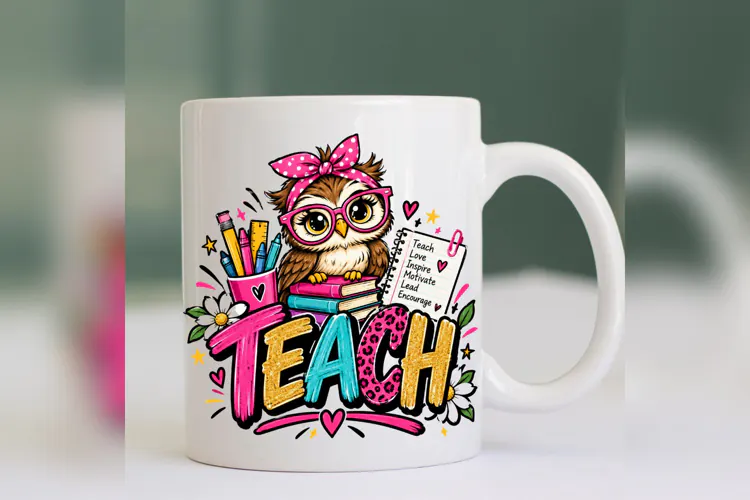 Teacher Owl Mug PNG, Cute Back to School Teacher Design