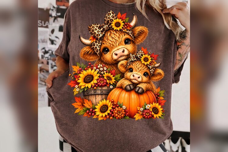 Fall Highland Cow PNG, Mom Baby Cow Pumpkin Design, Leopard example image 1