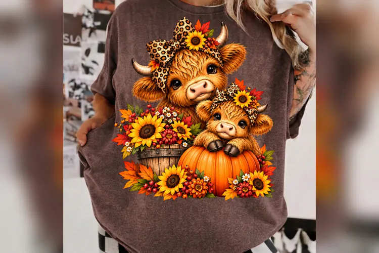 Fall Highland Cow PNG, Mom Baby Cow Pumpkin Design, Leopard