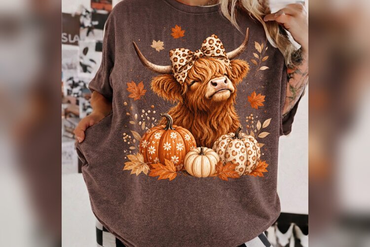 Fall Highland Cow PNG, Leopard Bow Pumpkin Cow, Autumn example image 1