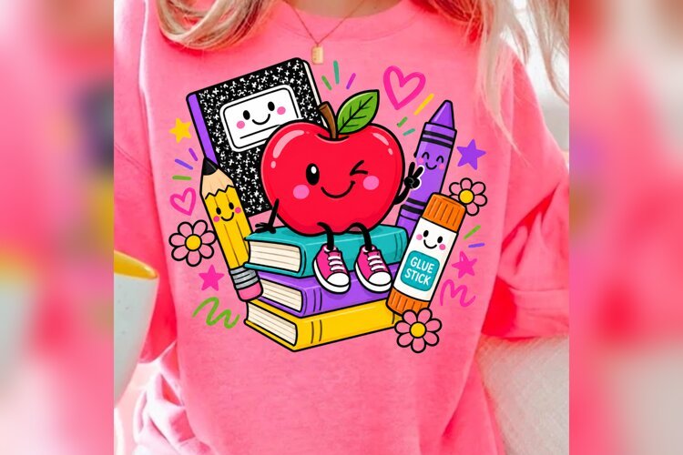 Back to School PNG, Cute Apple Pencil Crayon Notebook Design example image 1