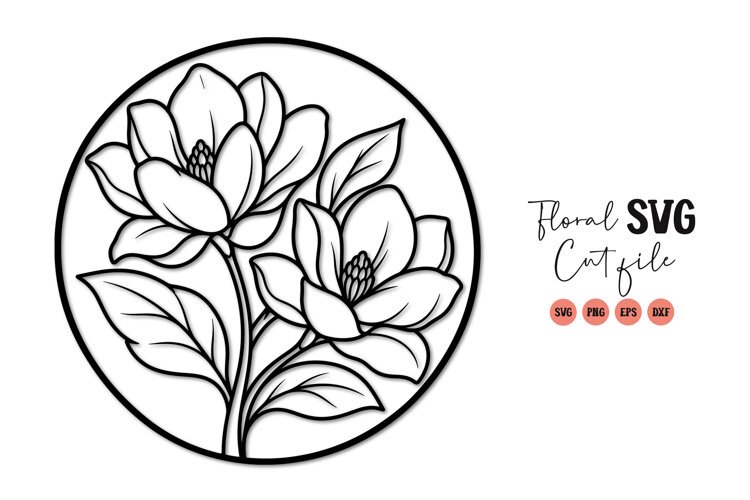 Magnolia Flower Circle Line Art SVG PNG example image 1
