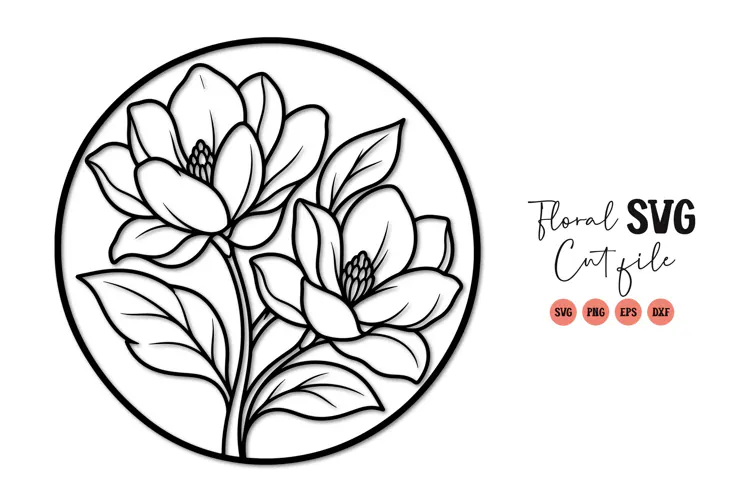 Magnolia Flower Circle Line Art SVG PNG