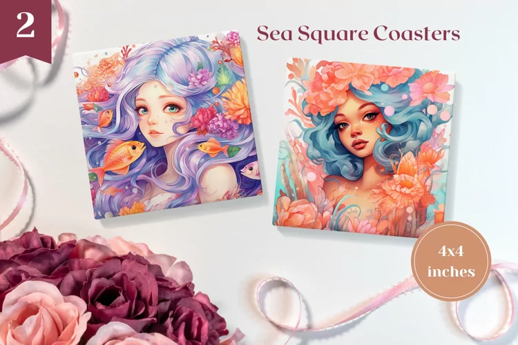 Mermaid Square Coaster, Watercolor Sea Sublimation Designs