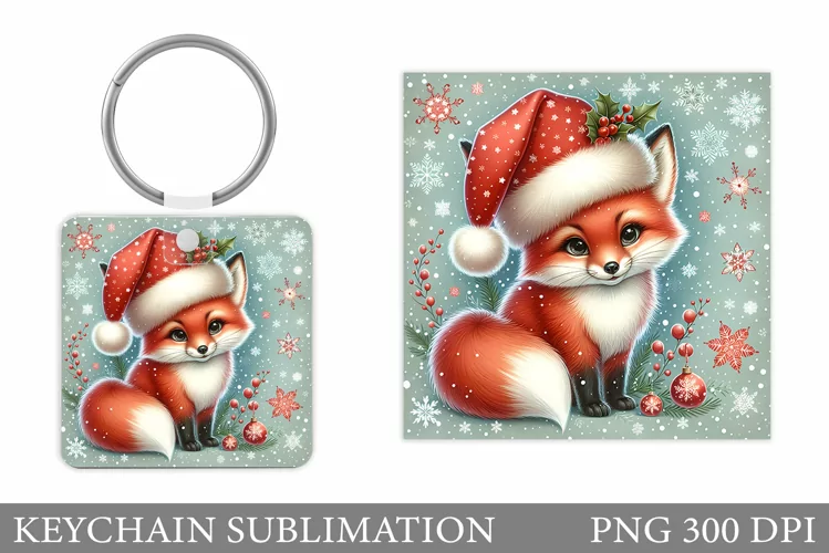 Christmas Fox Keychain. Christmas Keychain Sublimation