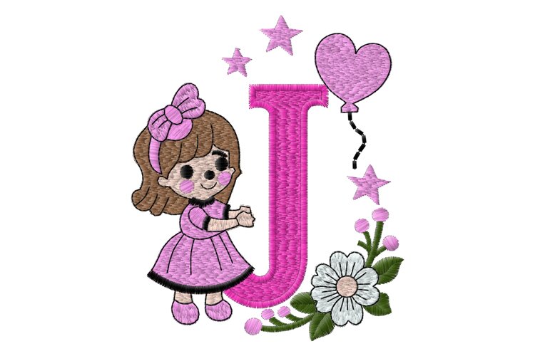Letter J Girl Machine Embroidery Design example image 1