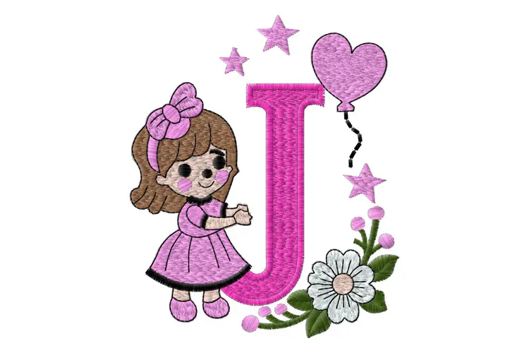 Letter J Girl Machine Embroidery Design