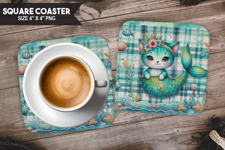 Cute Cat, Fantasy   Whimsy, Buffalo Plaid Square Coaster PNG