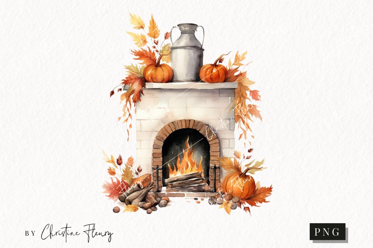 Watercolor Fall Farmhouse Fireplace Clipart | Watercolor PNG