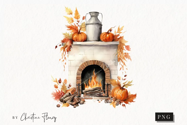 Watercolor Fall Farmhouse Fireplace Clipart | Watercolor PNG