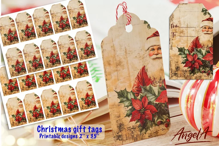 Christmas gift tag printable, Santa Claus, retro poinsettia