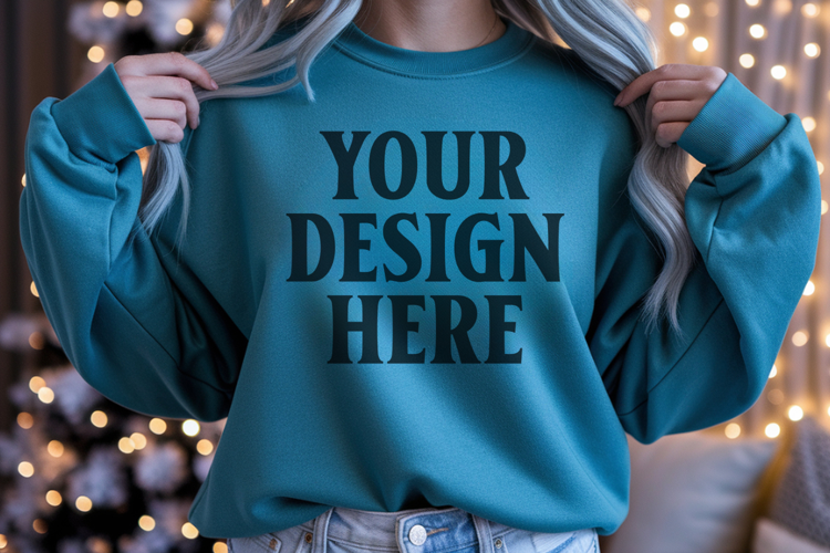 Comfort Colors 1566 Blue Spruce Sweatshirt Mockup, Cozy Boho