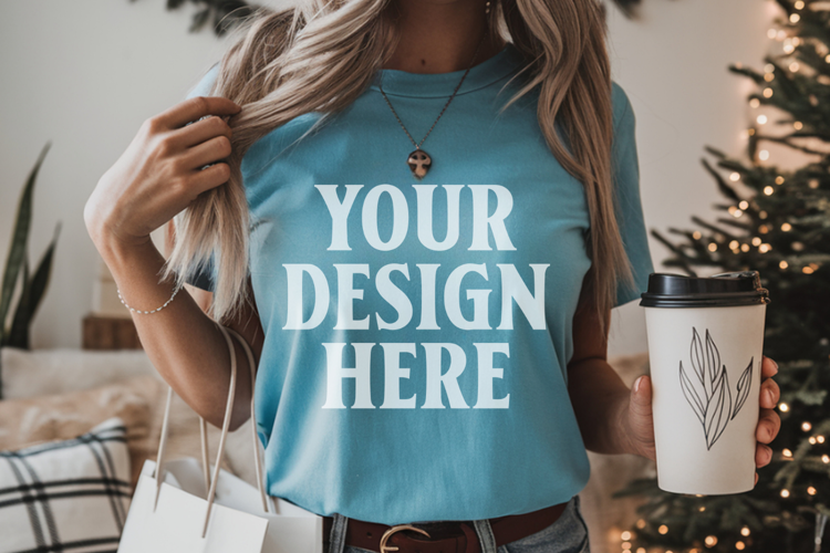 Comfort Colors 1717 Blue Jean Christmas T-Shirt Mockup, Boho