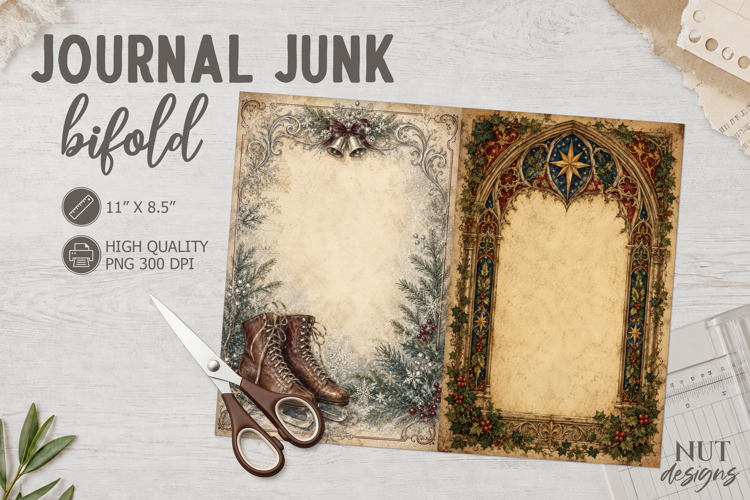 Vintage Christmas Journal junk ice skates window