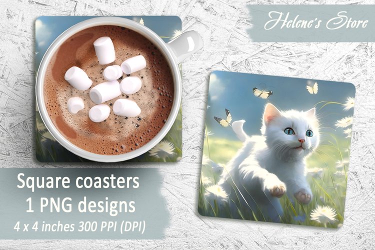 Cat Square Coasters | Summer Cat Sublimation Coaster example image 1