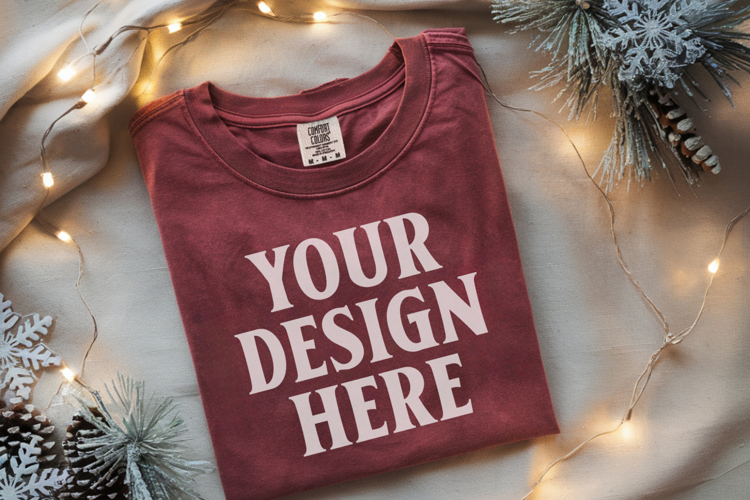 Crimson Comfort Colors 1717 Christmas Folded T-Shirt Mockup