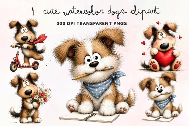 Cute Watercolor Dogs Clipart PNG