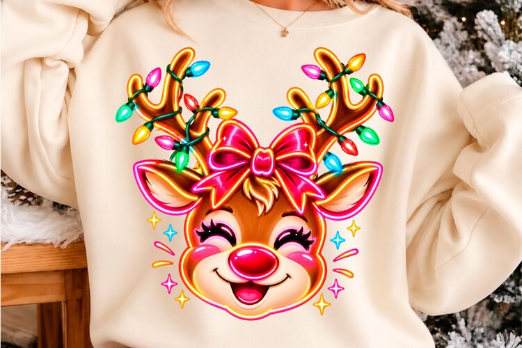 Cute Christmas Reindeer Lights PNG Christmas T-shirt design example image 1