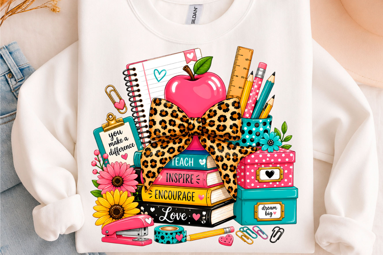 Preppy Leopard Bow Teacher School Supplies PNG