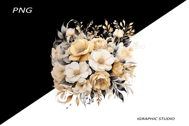 Black and Gold Flowers PNG, Watercolor Floral, Bouquet