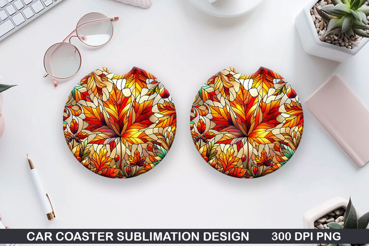 Fall Leaves Car Coaster Sublimation| Autumn Flowers Coaster example image 1