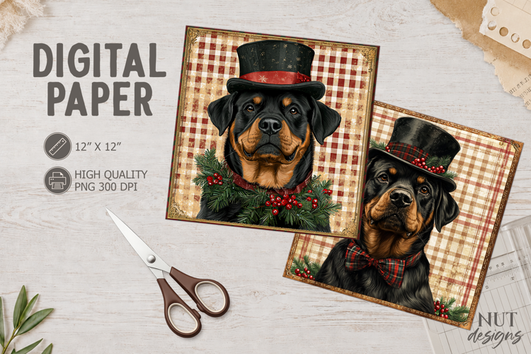 Vintage Rottweiler Christmas dog Digital Paper Dog face