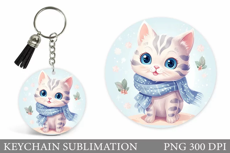 Winter Cat Keychain. Christmas Cat Round Keychain
