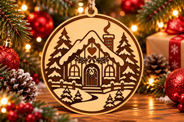 Snowy Christmas Cottage Wooden Ornament Laser Cut Sv