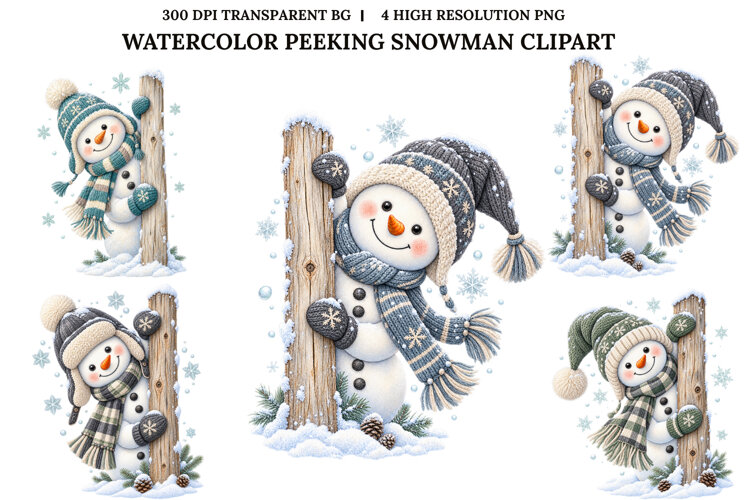 Peeking Snowman Watercolor Christmas Sublimation PNG example image 1