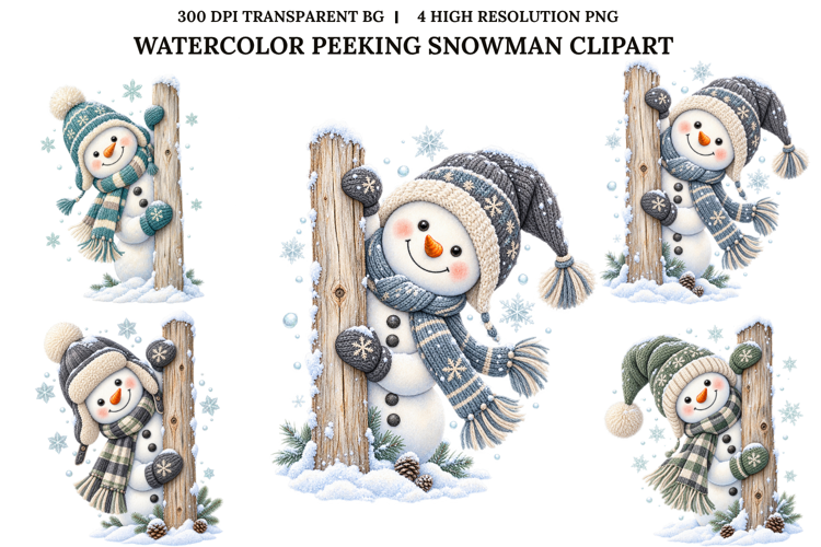 Peeking Snowman Watercolor Christmas Sublimation PNG