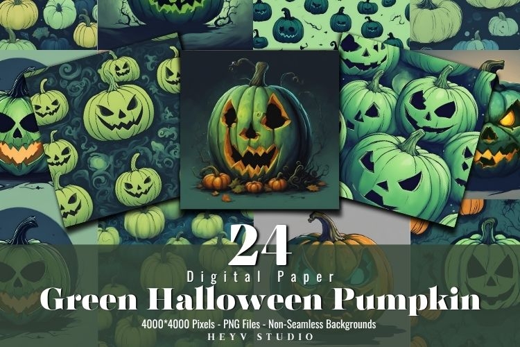 Green Halloween Pumpkin Digital Paper, Green Evil Pumpkin