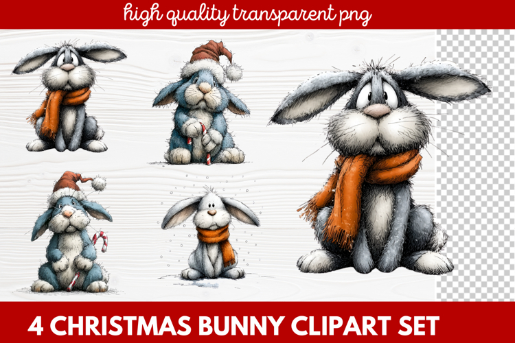 4 Christmas Bunny Clipart | Cute Holiday Bunny PNG Illus
