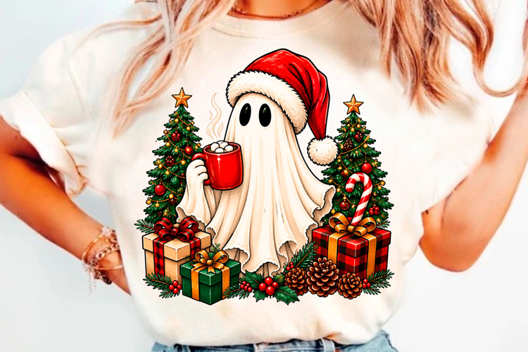 Cute Christmas ghost with Santa hat holiday t shirt design