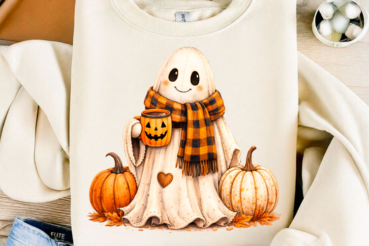 Cozy Ghost Pumpkin Coffee Halloween PNG