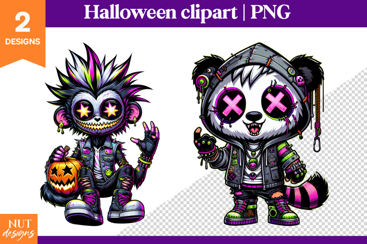 Neon Punk Halloween Animals Creepy Cute Halloween clipart