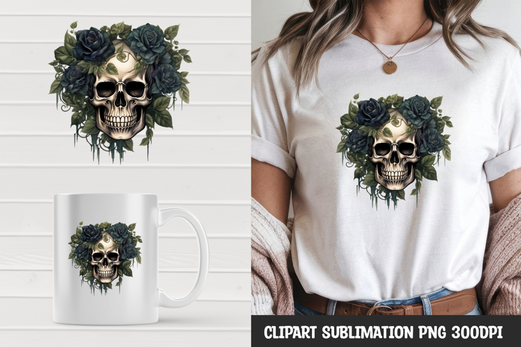 Watercolor floral skull sublimation clipart png