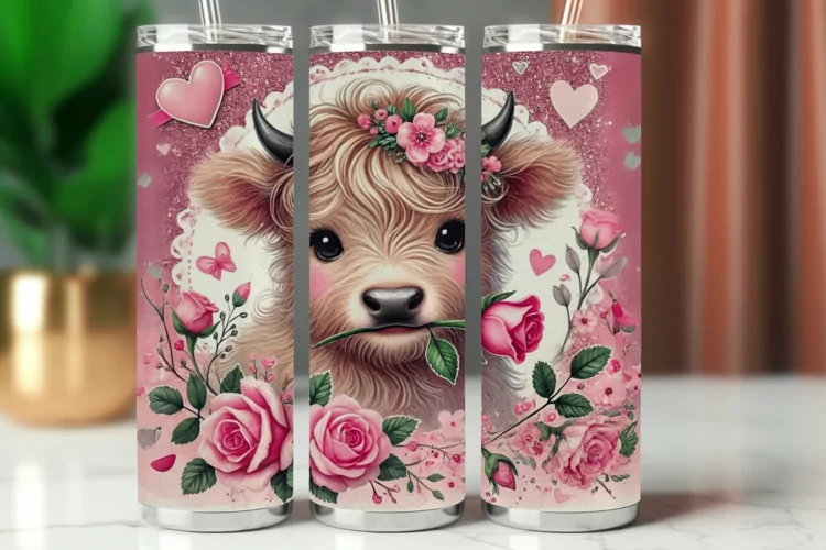Valentine Tumbler Wrap 20 oz - highland cow with roses