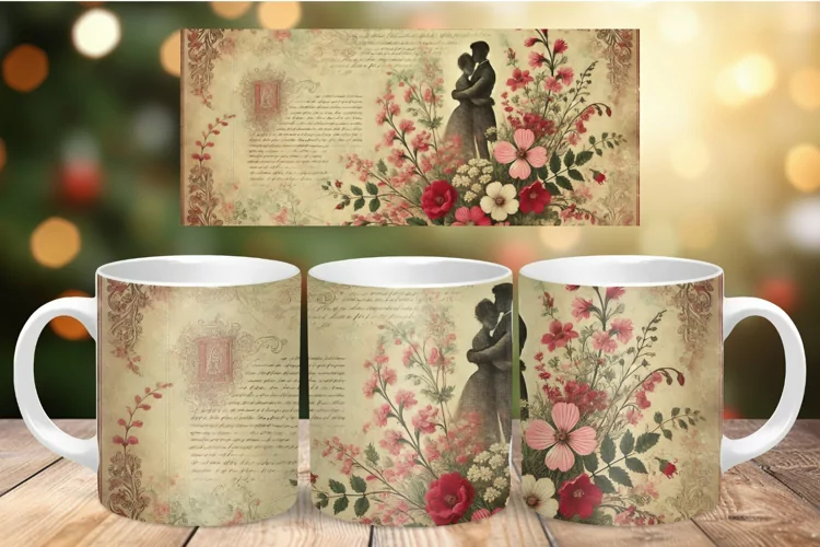 Valentine Mug Wrap Sublimation - vintage flowers with couple