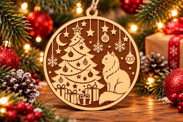 Christmas Cat Wooden Ornament Laser Cut SVG example image 1