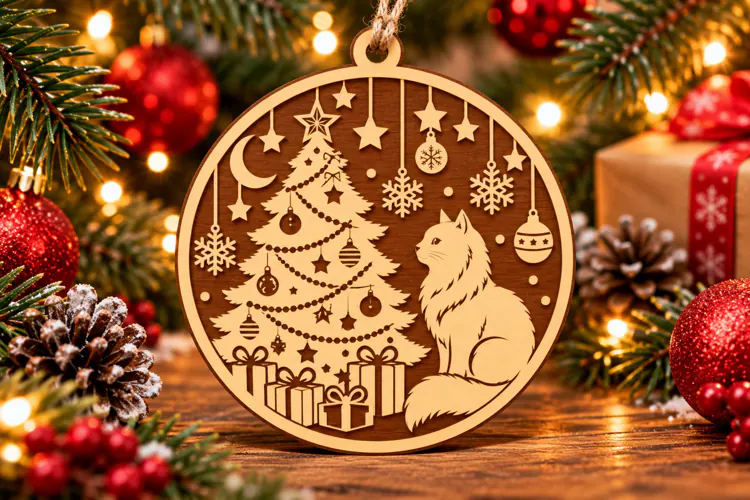 Christmas Cat Wooden Ornament Laser Cut SVG