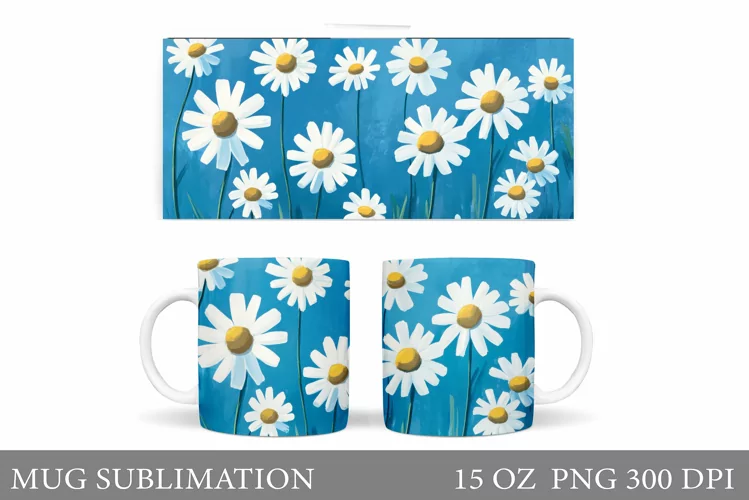 Flowers Mug Sublimation. Daisy Flowers Mug Wrap Design
