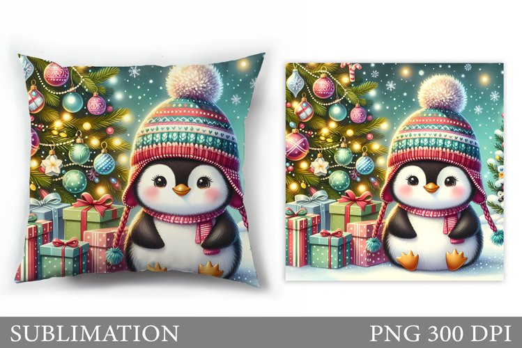 Cute Penguin Pillow Design. Christmas Pillow Sublimation example image 1