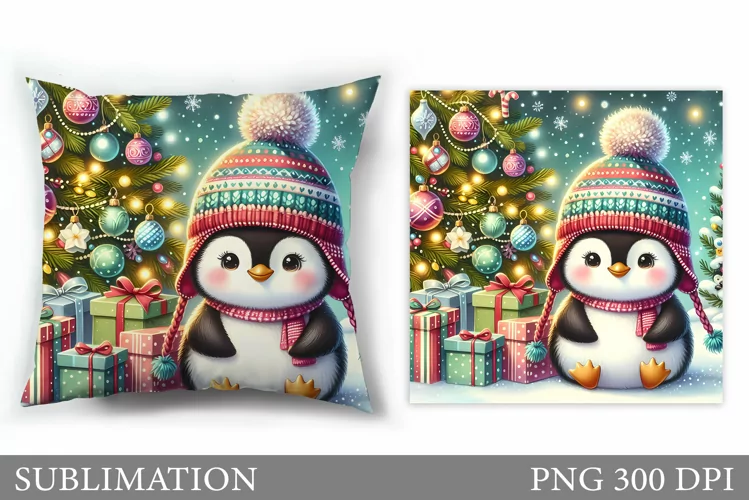 Cute Penguin Pillow Design. Christmas Pillow Sublimation