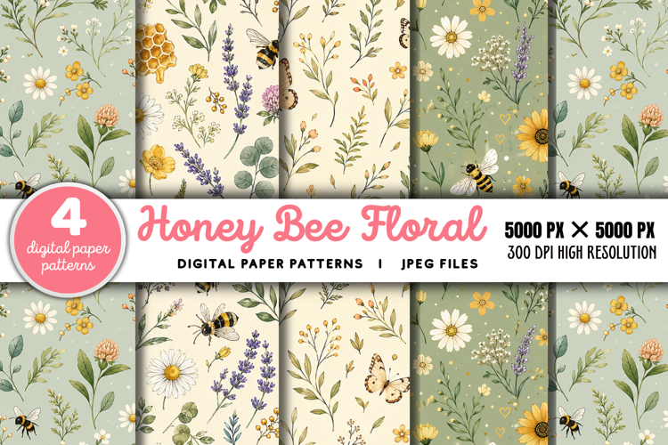 Honey Bee Floral Seamless Digital Paper JPG example image 1