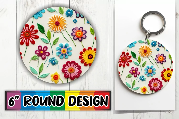 Vibrant 3D Flower Embroidery - Circle Sublimation