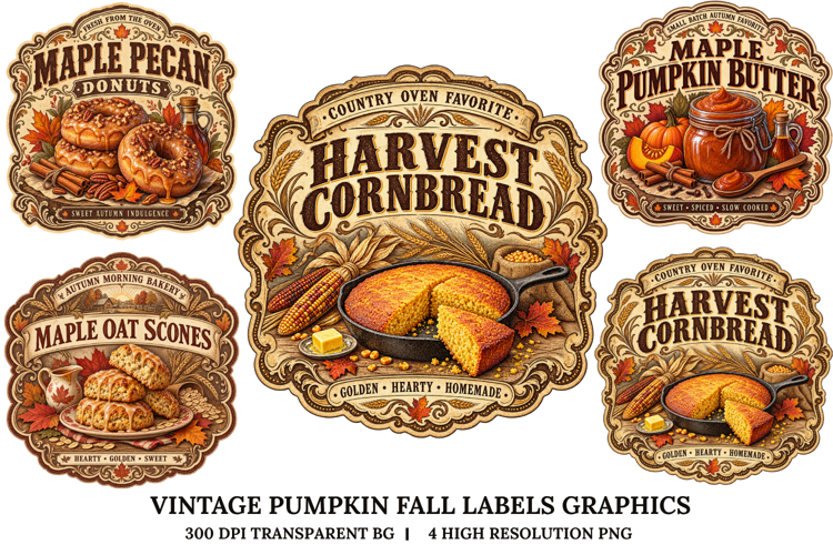 Vintage Fall Food Labels Pumpkin Maple Autumn PNG