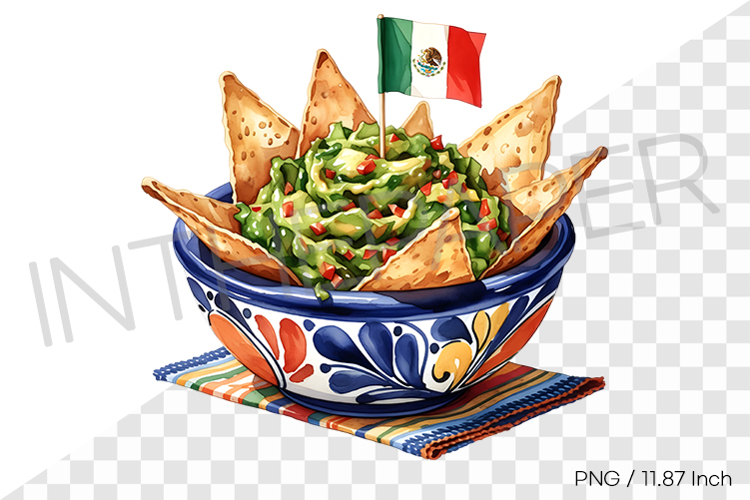 Fresh guacamole and tortilla chips bowl PNG Watercolor art